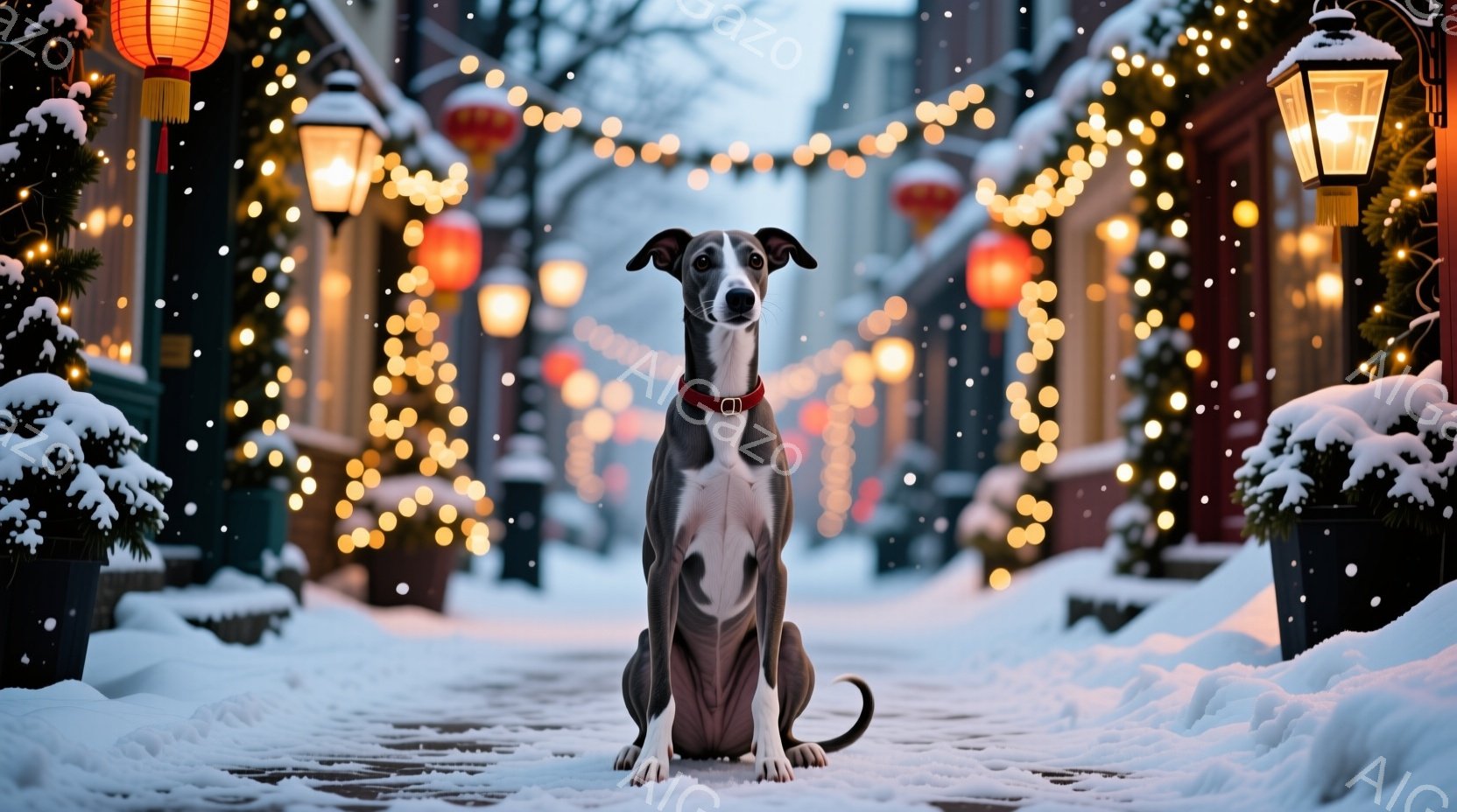 白と灰色の細身のグレイハウンドが雪に覆われた石畳の道に座っています。暖かく輝くストリングライトや赤い提灯が通りを飾り、背景には雪で覆われた植木鉢と建物が見えます。全体的に、穏やかで冬の祝祭の雰囲気が漂っています。