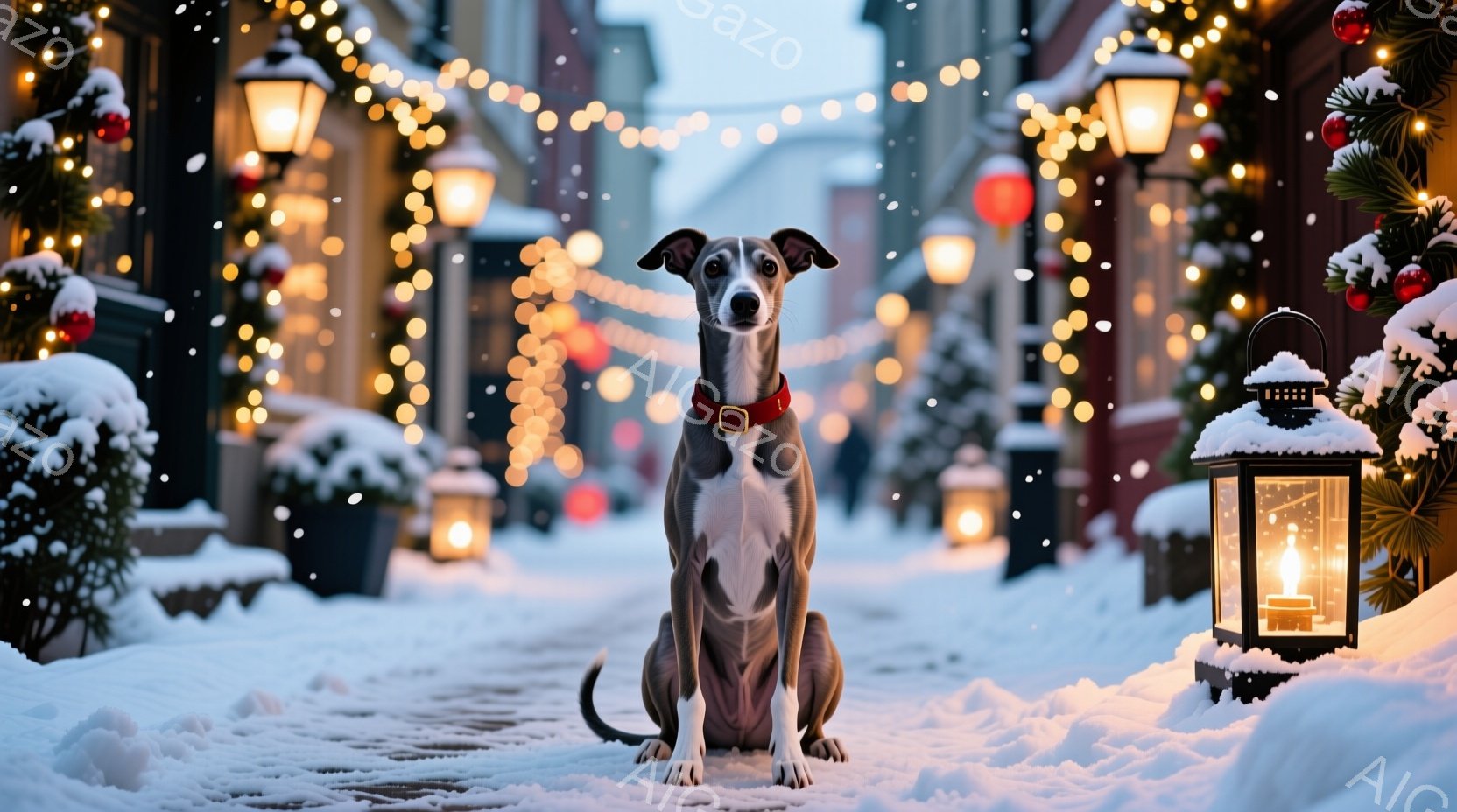 白い雪に覆われた石畳の道に、細身のグレイハウンドが座っています。赤い首輪をつけ、前方をまっすぐ見つめており、凛とした表情をしています。背景にはクリスマス装飾が施された建物や灯りが輝き、雪が舞い散る冬の穏やかな雰囲気が漂っています。