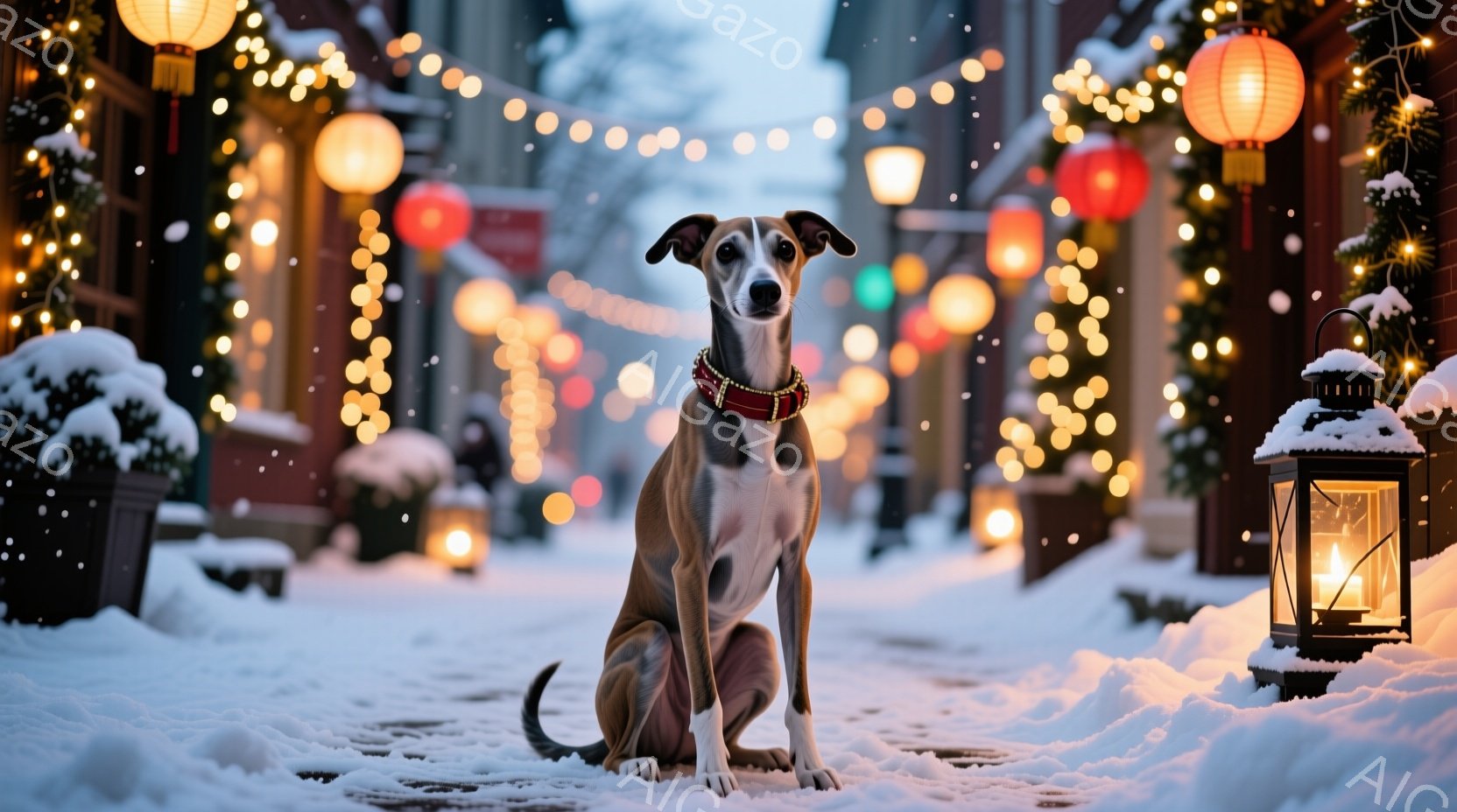 灰色の毛並みをした華奢な犬が雪に覆われた通りに座っている。赤い首輪をつけ、前方をまっすぐ見つめており、やや物憂げな表情を浮かべている。背景には、点灯した提灯や街灯が輝き、雪が舞い散る冬の夜の幻想的な雰囲気を醸し出している。