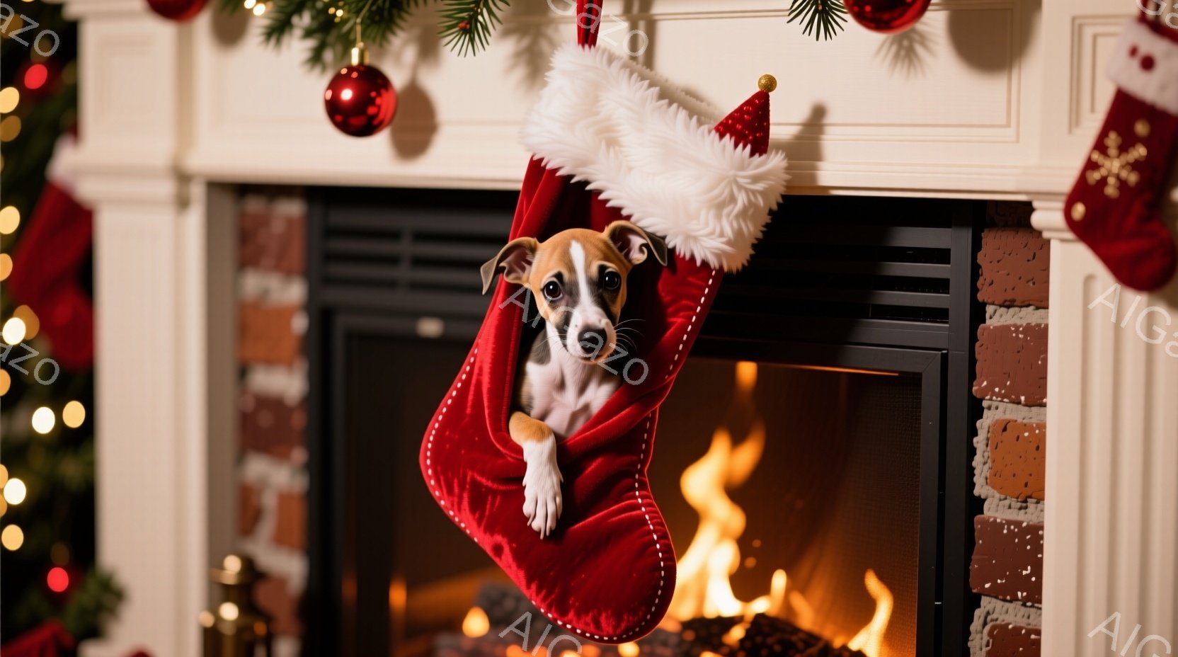 真っ赤なクリスマスストッキングに、小さな茶色の犬が顔を出しています。犬は少し戸惑ったような表情で、前足をストッキングの縁にかけ、好奇心旺盛そうにこちらを見ています。背景には暖炉の火が燃え盛り、クリスマ - AI生成フリー素材