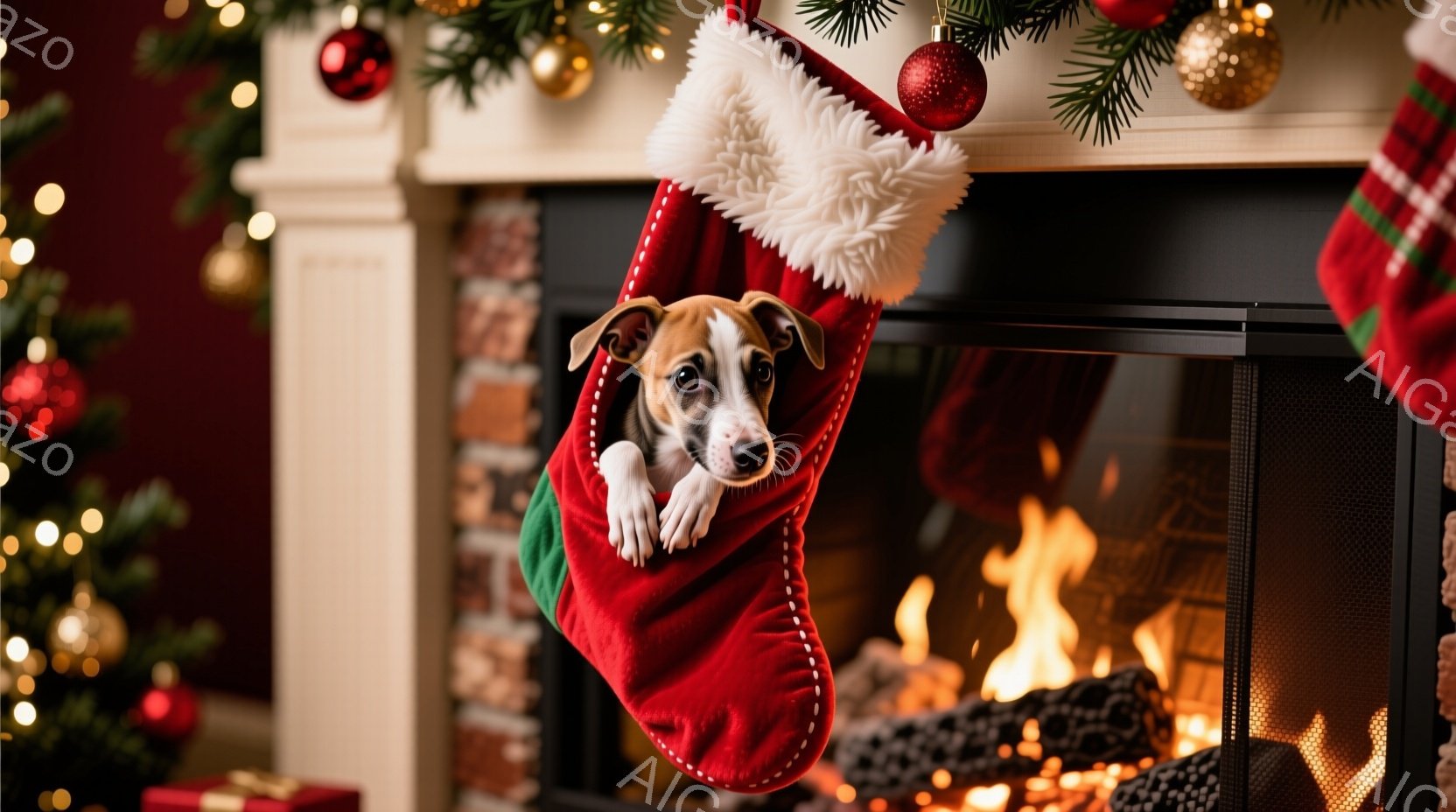 赤いクリスマスストッキングの中に、茶色と白の毛並みを持つ子犬が顔を出しています。子犬は前足でストッキングの縁につかまり、少し不安そうな、しかし好奇心旺盛な表情をしています。背景には暖炉があり、炎が燃え - AI生成フリー素材