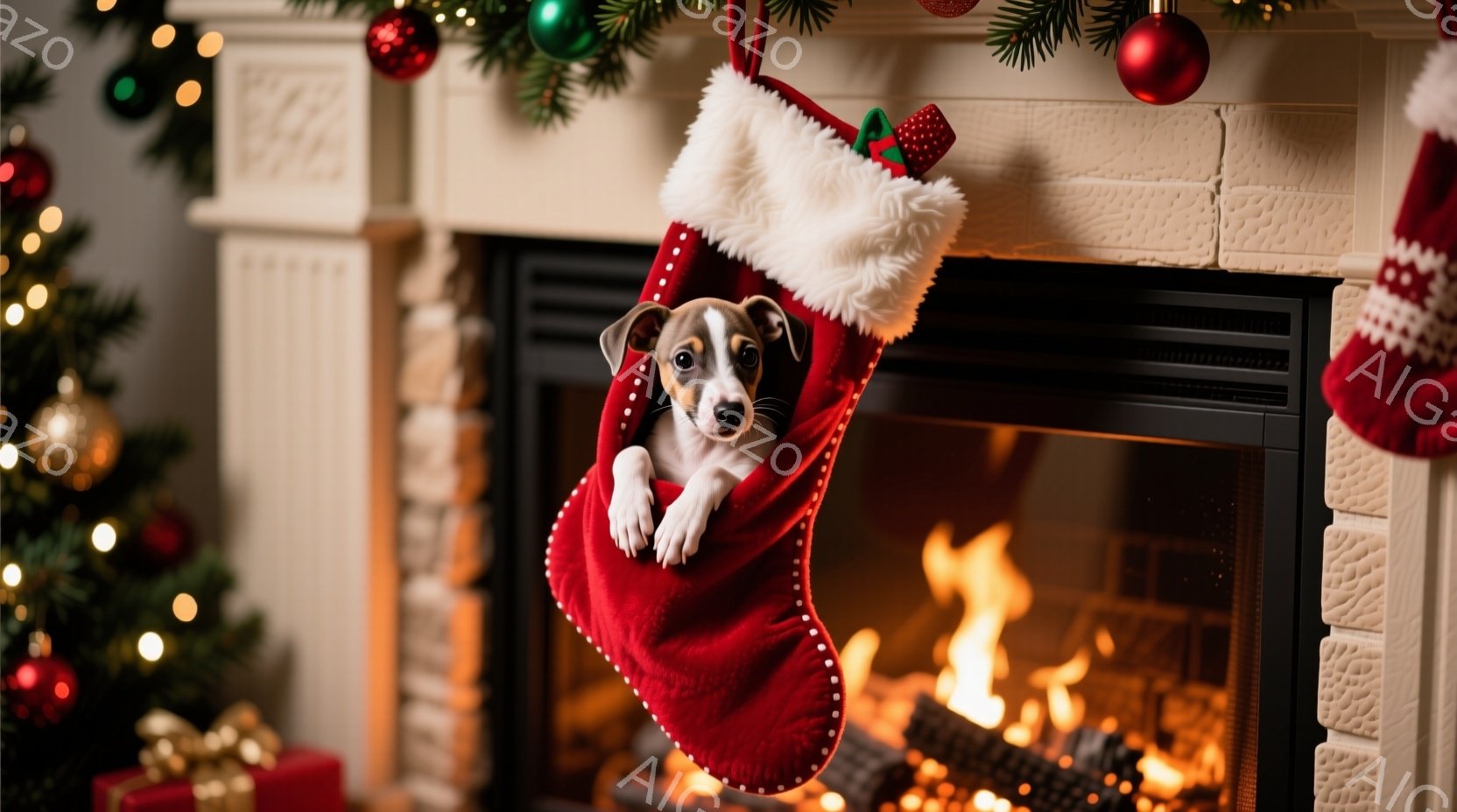 赤いクリスマスストッキングの中に、小さな茶色い犬が顔を出しています。犬は好奇心とわずかな困惑を浮かべ、ストッキングから外を見ようとしています。背景には暖炉の火が燃え、クリスマスツリーとプレゼントが飾ら - AI生成フリー素材