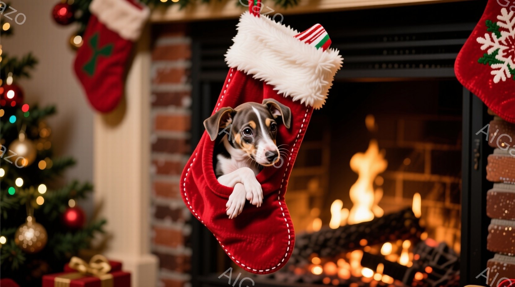 赤いクリスマスストッキングの中から、小さな犬が顔を覗かせています。犬は茶色と白の毛並みで、好奇心と少しの戸惑いが入り混じった表情をしています。背景には、クリスマスツリーの飾りや暖炉の炎が見え、温かく幸 - AI生成フリー素材