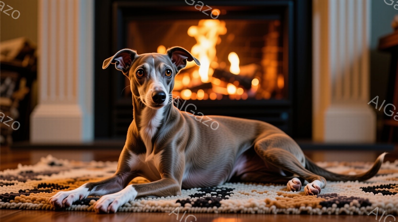 灰色の毛並みで、白い足を持つイタリアン・グレイハウンドが、カラフルなラグの上に横たわっています。犬はカメラに向かって穏やかな表情でこちらを見ており、リラックスした様子が伺えます。背景には暖炉があり、炎が灯って温かい雰囲気を醸し出しています。