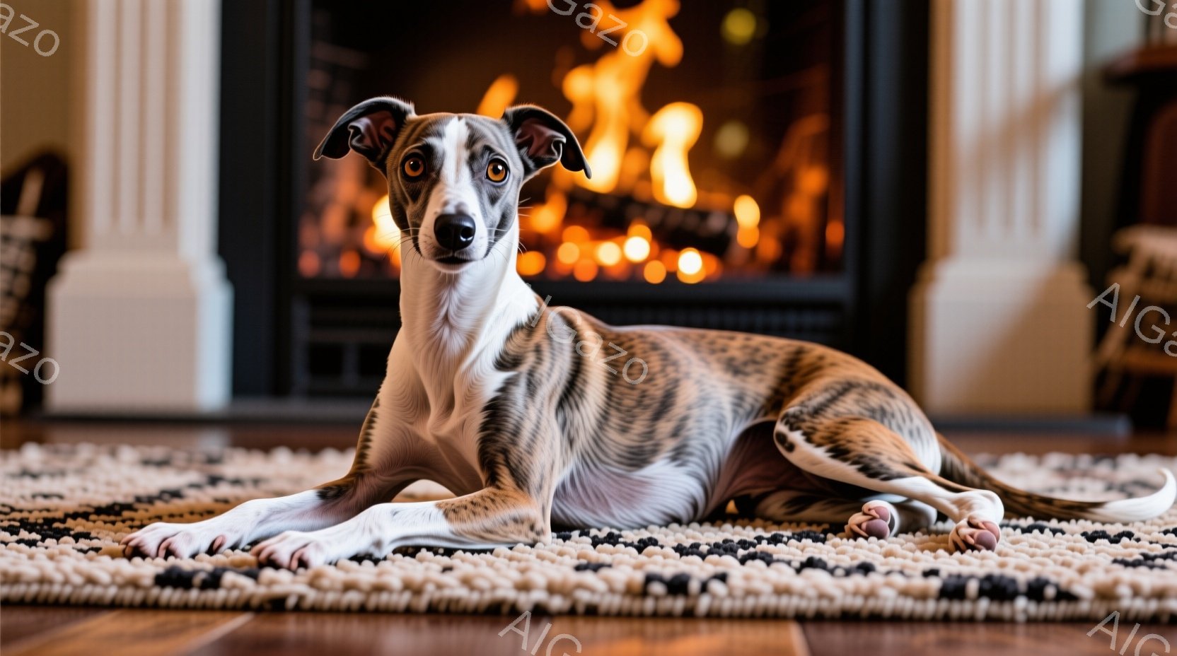 縞模様のグレイハウンドが、明るい色のラグの上に横たわっています。その表情は穏やかで、カメラに向かって少しだけ視線を送っています。背景には暖炉があり、炎が燃えており、室内は温かく、リラックスした雰囲気が漂っています。