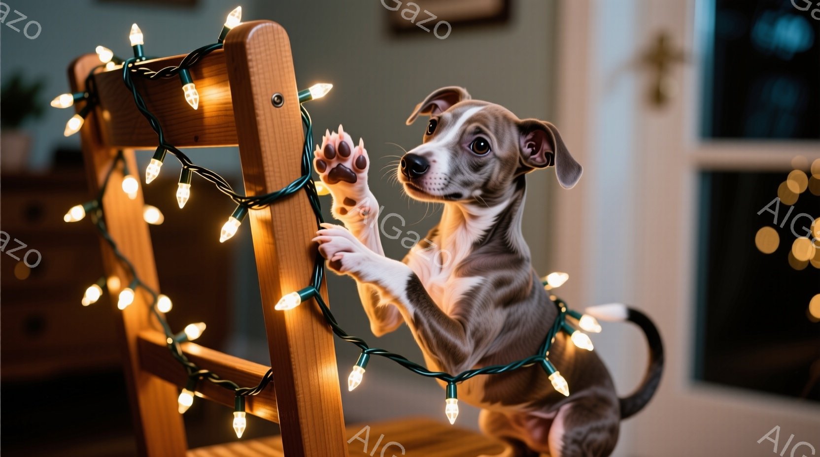 小さな茶色のパピーが木製の椅子に寄りかかり、キラキラと光る電飾を前足で引っ張っている様子が写っている。パピーは少しいたずらっぽい表情で、好奇心旺盛に電飾を見つめている。背景にはぼやけた室内が写り、暖か - AI生成フリー素材