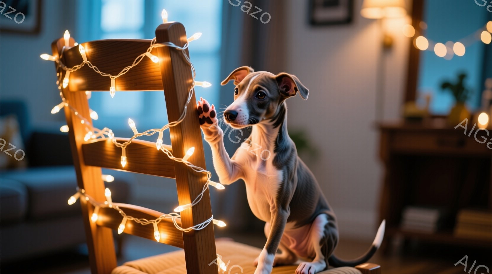 小柄な灰色の犬が木製の椅子に座り、前足で光るクリスマスライトに触れようとしています。背景にはぼやけたリビングルームがあり、暖色系の照明と家具が見えます。全体的に暖かく、居心地の良い、そして遊び心のある - AI生成フリー素材