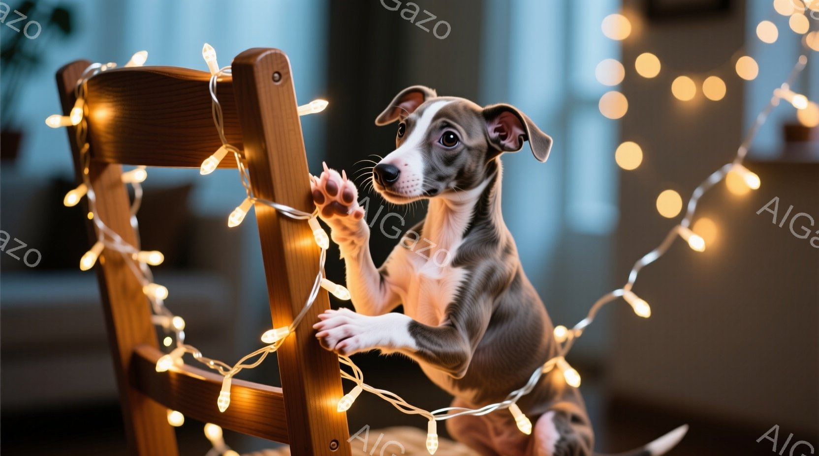 小さな子犬が木の椅子に腰掛け、片手を椅子の背もたれにかけ、まるで何かを試すかのように少し身を乗り出している。周囲には温かみのある電飾が絡みつき、子犬を柔らかく照らしている。背景はぼやけており、室内であ - AI生成フリー素材