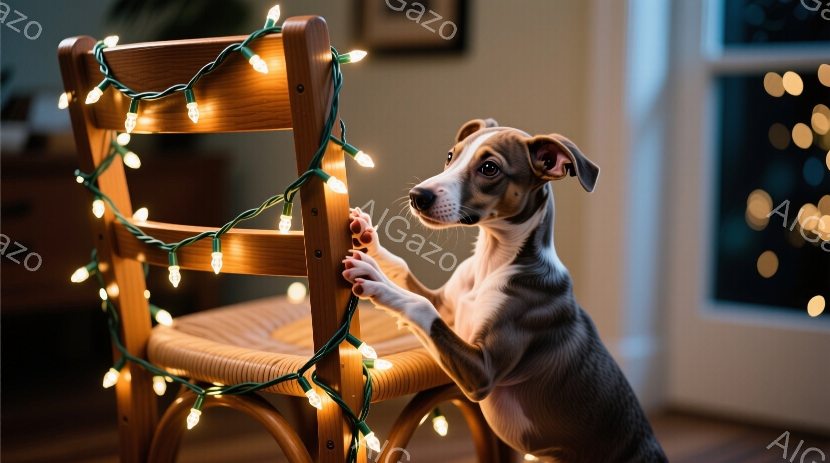 椅子に巻き付いたイルミネーションライトに前足で触れようとしている、茶色と白の毛並みを持つ小さな犬が写っている。背景には窓があり、ぼやけた光が差し込んでいることから、夜間であることがわかる。全体的に暖かく、遊び心のある雰囲気が漂っている。