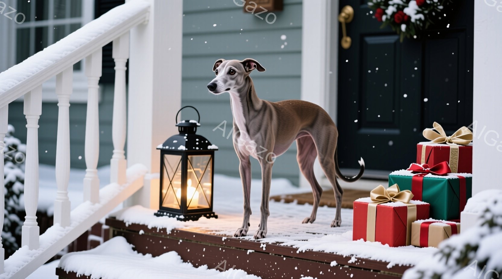 雪が降る家のポーチに、細身のグレイハウンドが立っている。背景にはクリスマスプレゼントの山が積み重ねられ、ポーチの階段には雪が積もっている。暖かく光るランタンが犬の隣に置かれ、冬の穏やかで温かい雰囲気を - AI生成フリー素材