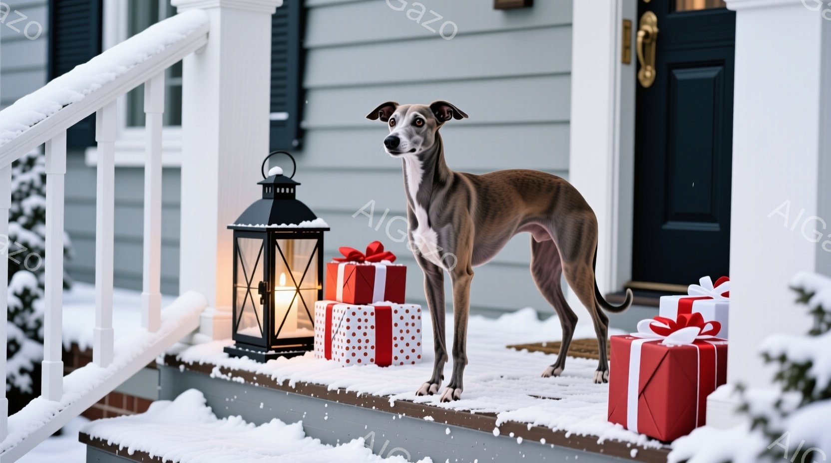 霜で覆われた家のポーチに、細身のグレーの愛犬が立っている。周りには赤い包装紙で飾られたプレゼントの箱がいくつか置かれ、黒い提灯が温かい光を放っている。雪景色とプレゼントの組み合わせは、クリスマスの温か - AI生成フリー素材