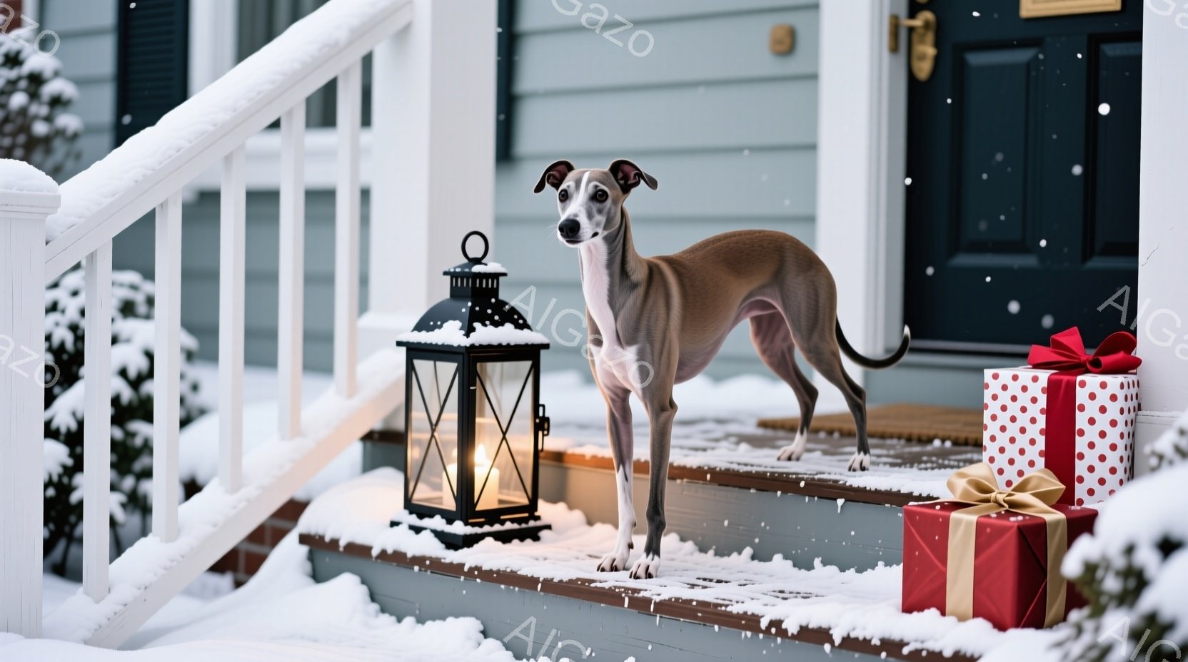 雪が降り積もる家の外階段に、細身の灰色がかった白い犬が立っている。背景にはクリスマスのプレゼント箱が置かれ、階段の脇には点灯したランタンが暖かな光を放っている。全体的に、冬の穏やかなクリスマスの雰囲気 - AI生成フリー素材