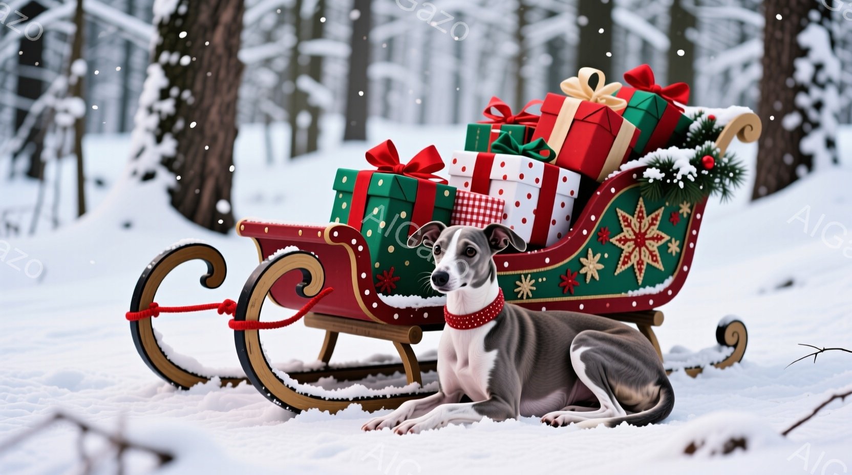 白い雪景色の中に、赤いそりに身を寄せた灰色のウィペットが座っています。ウィペットは赤い首輪をつけ、リラックスした表情で正面を見つめており、そりにはカラフルな包装紙で飾られたプレゼントが積み重ねられてい - AI生成フリー素材
