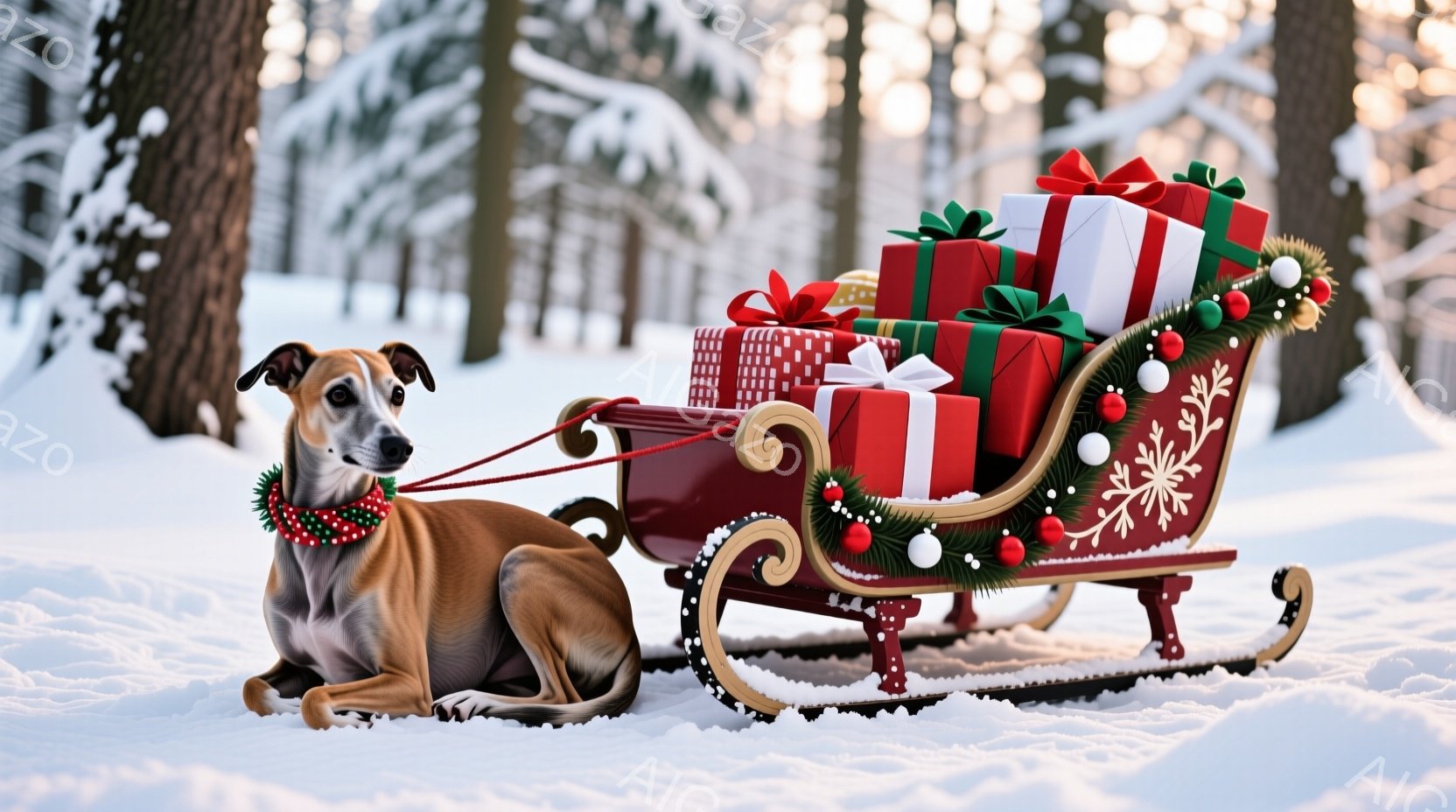 茶色の愛らしい犬が雪景色の中で赤いそりに座っており、首には赤い飾り付きの首輪が巻かれています。そりはプレゼントの箱でいっぱいになり、緑の葉と赤い飾りが付いていて、まるでクリスマスの配達の準備ができてい - AI生成フリー素材
