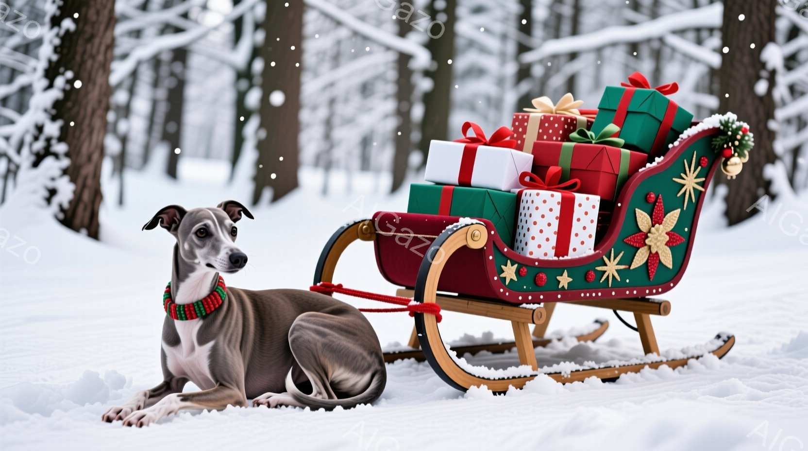 雪景色の中で、首輪をつけたグレーのイタリアン・グレイハウンドが横たわっています。その隣には、カラフルな包装紙で包まれたプレゼントでいっぱいの赤いそりが置かれており、そりは花や星の装飾で飾られています。 - AI生成フリー素材