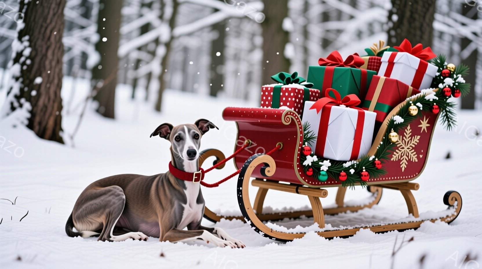 白い雪景色の中に、茶色と白のイタリアン・グレイハウンドが赤いそりに座っています。そりには緑、赤、白の包装紙で包まれたプレゼントが積み重ねられ、松の枝や飾りで華やかに飾られています。背景には雪に覆われた - AI生成フリー素材