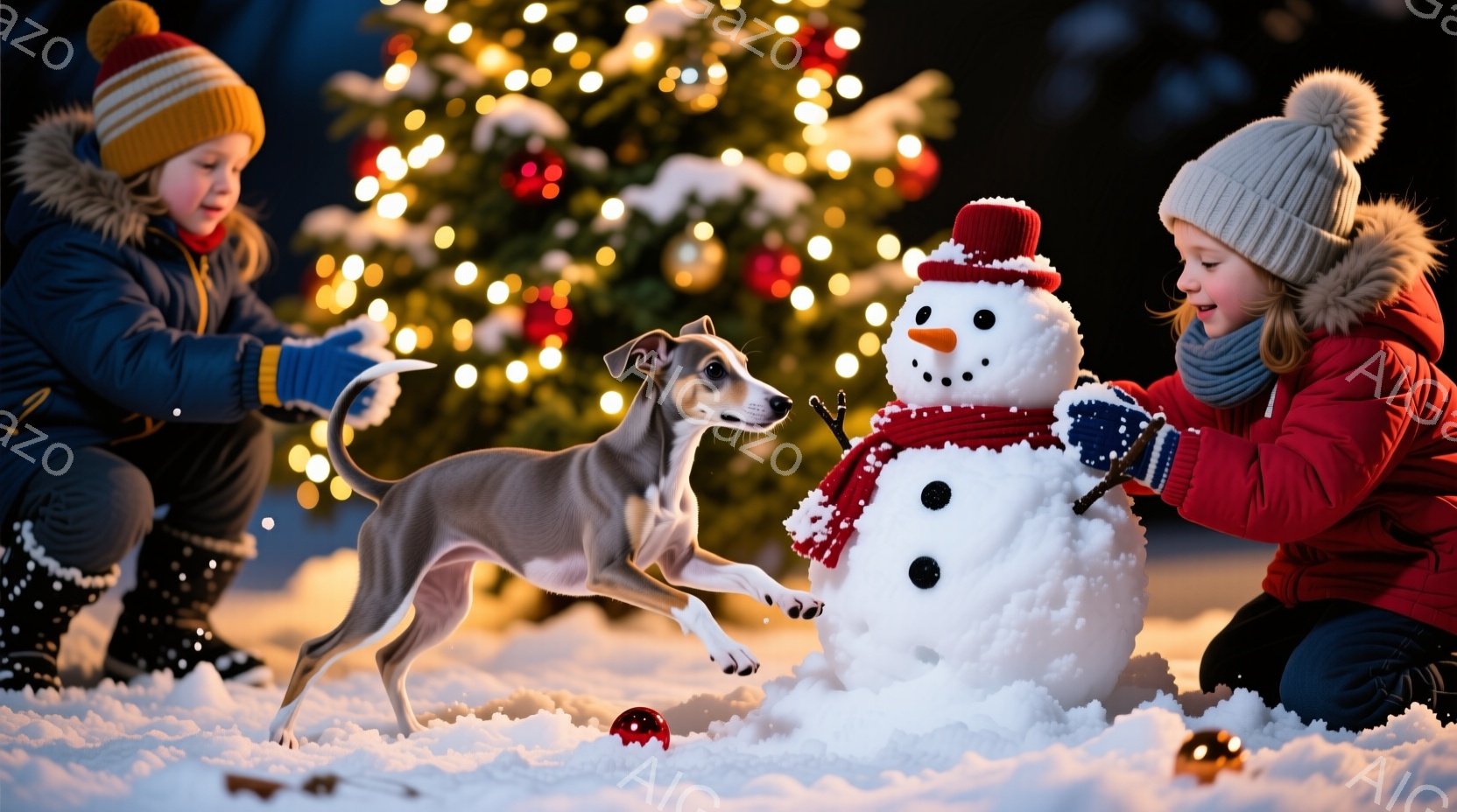 雪景色の中で、赤いコートを着た少女と、細長い犬が雪だるまの周りで遊んでいます。少女はニット帽を被り、犬は走り回るように雪の中を駆け抜けています。背景にはクリスマスツリーのイルミネーションが輝き、温かく - AI生成フリー素材