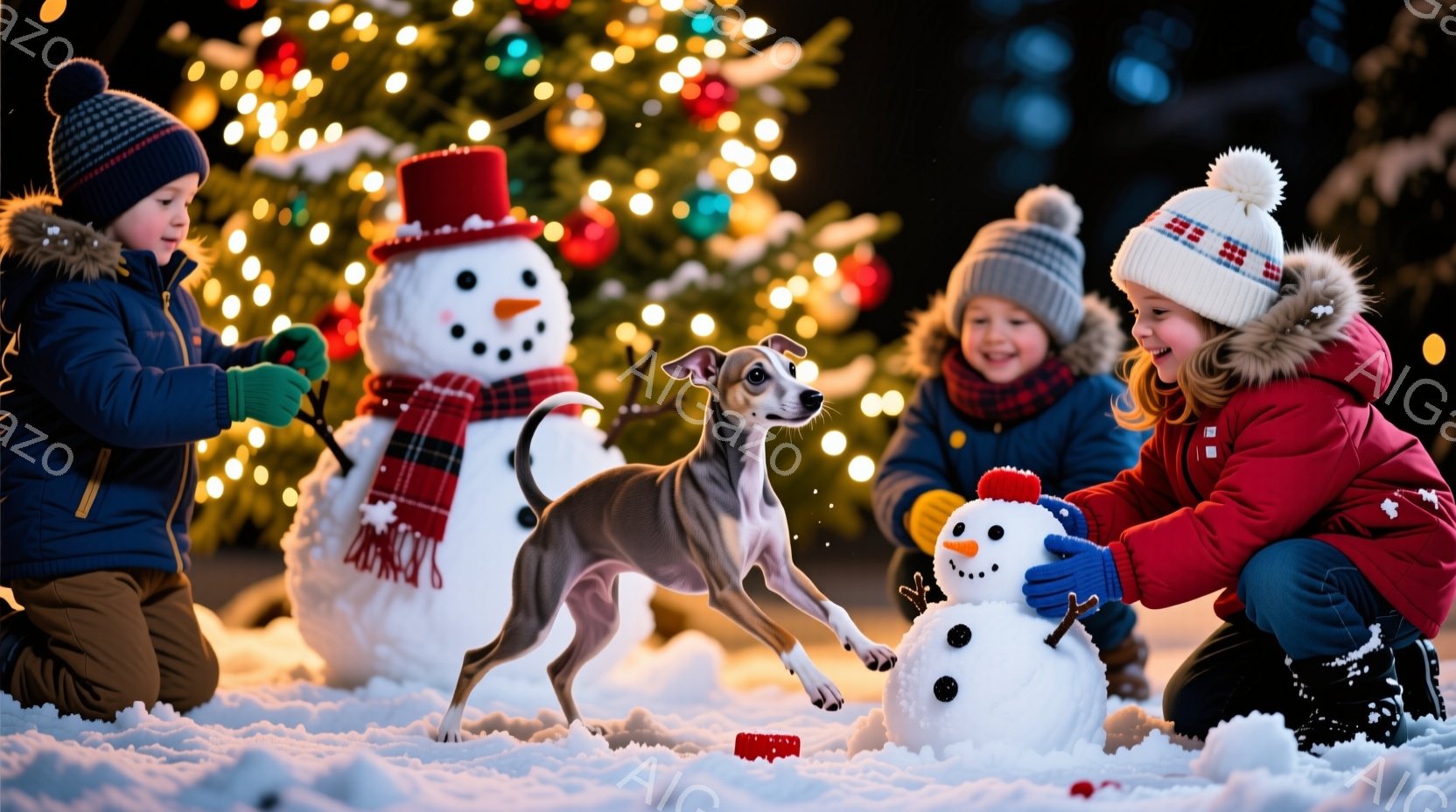 雪景色の中で、二人の子どもたちが雪だるまを作っています。男の子は青いジャケットと茶色のズボン、女の子は赤い帽子とピンクのジャケットを着ており、どちらも笑顔で雪だるまに顔を付けたり、雪を集めたりしていま - AI生成フリー素材