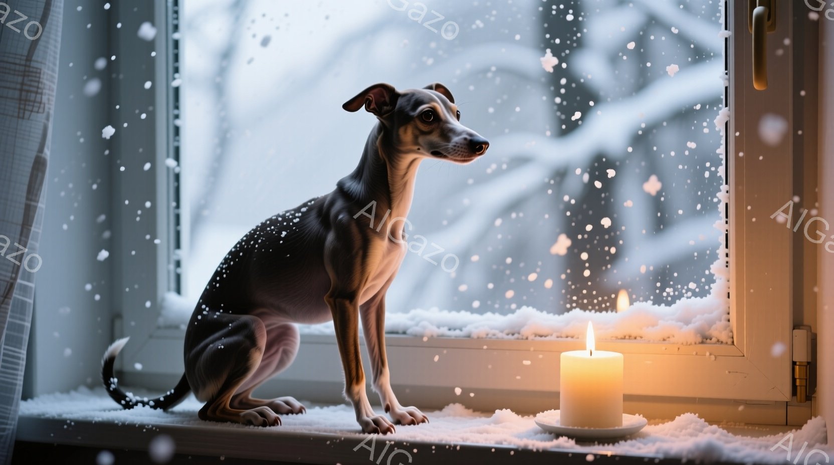 白い窓辺に、細身の灰色がかった犬が座って外を眺めている。雪が降る冬の風景が窓の外に広がり、暖かく灯るキャンドルが犬の横に置かれている。この光景は、冬の静寂と犬の穏やかな表情が合わさり、温かく、平和な雰 - AI生成フリー素材