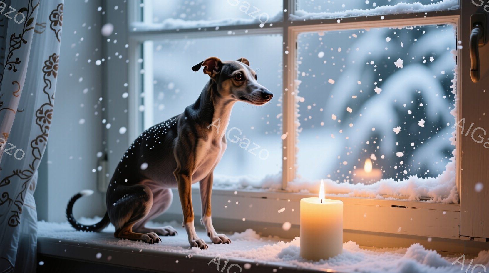 雪が降る窓辺に、短毛の犬が座っています。白い窓枠には雪が積もり、犬の隣には灯りのともったキャンドルが置かれています。背景は雪景色で、犬は外の景色を眺めるように落ち着いた様子で座っており、温かく静かな雰 - AI生成フリー素材