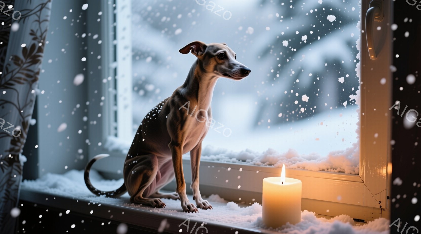 雪が降る窓辺に、細身の犬が座っています。窓枠には雪が積もり、暖かく光るキャンドルが犬の隣に置かれています。犬は外を見つめ、静かで穏やかな冬の雰囲気が漂います。 - AI生成フリー素材