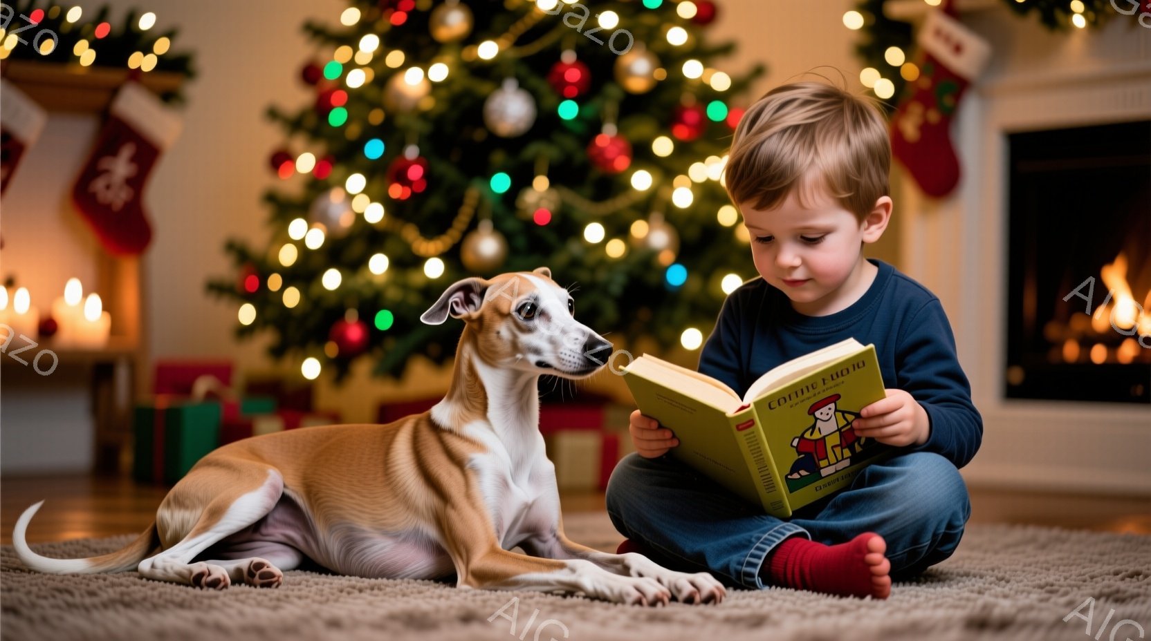 少年は床に座り、膝を曲げて本を読んでいます。彼の隣には、ベージュ色の愛らしい犬が横たわっており、本の内容に興味を持っているように見えます。背景には、飾られたクリスマスツリーやプレゼント、暖炉があり、温 - AI生成フリー素材