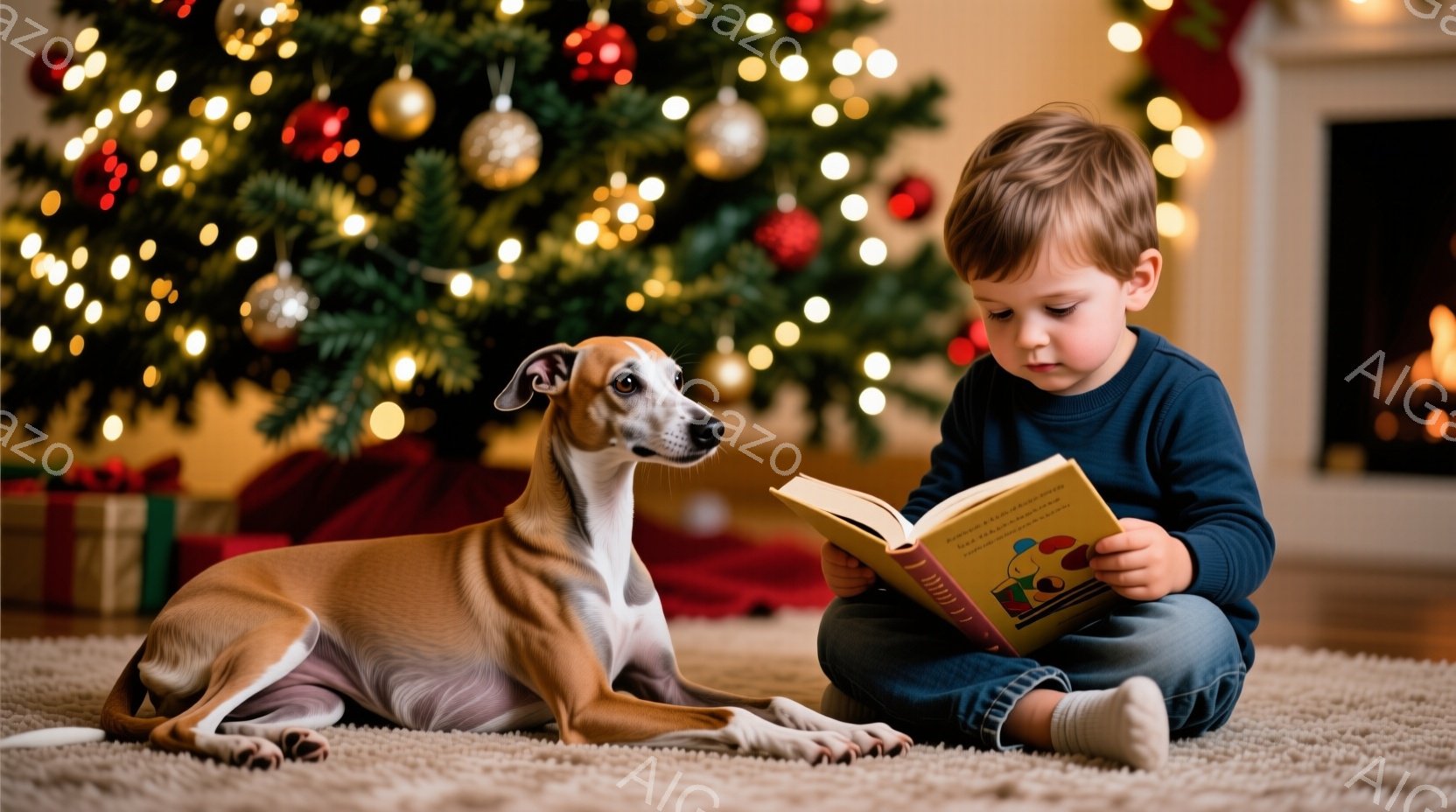 暖炉の前で茶色のボクサー犬が赤い敷物の上で横たわっています。暖炉には火が灯っており、クリスマスソックスが飾られています。室内は木の壁で囲まれ、暖かく居心地の良い雰囲気で、背景には雪景色が見えます。 - AI生成フリー素材
