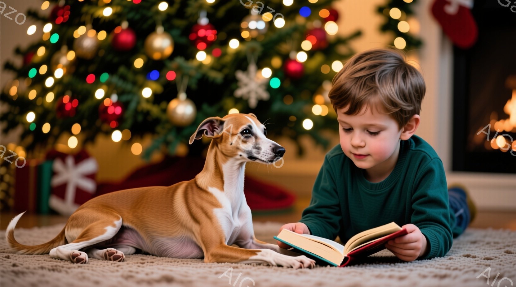 少年は緑色のセーターを着て、床に寝そべって本を読んでいます。そばには、タンと白の毛並みを持つ痩せた犬が横たわり、少年の読書に興味津々な表情をしています。背景にはクリスマスツリーが飾られ、温かく心地よい - AI生成フリー素材