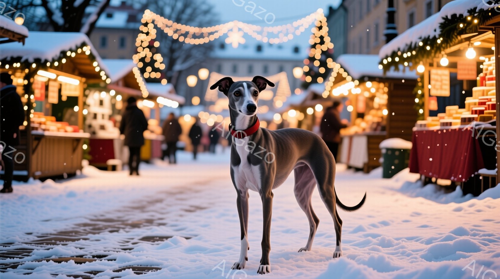 雪が降る市場の通りに、細身のグレーのウィペットが立っている。赤い首輪をつけ、まっすぐ前を見つめており、凛々しい表情をしている。背景にはクリスマスマーケットの屋台が並び、暖かな光が灯り、冬の幻想的な雰囲 - AI生成フリー素材