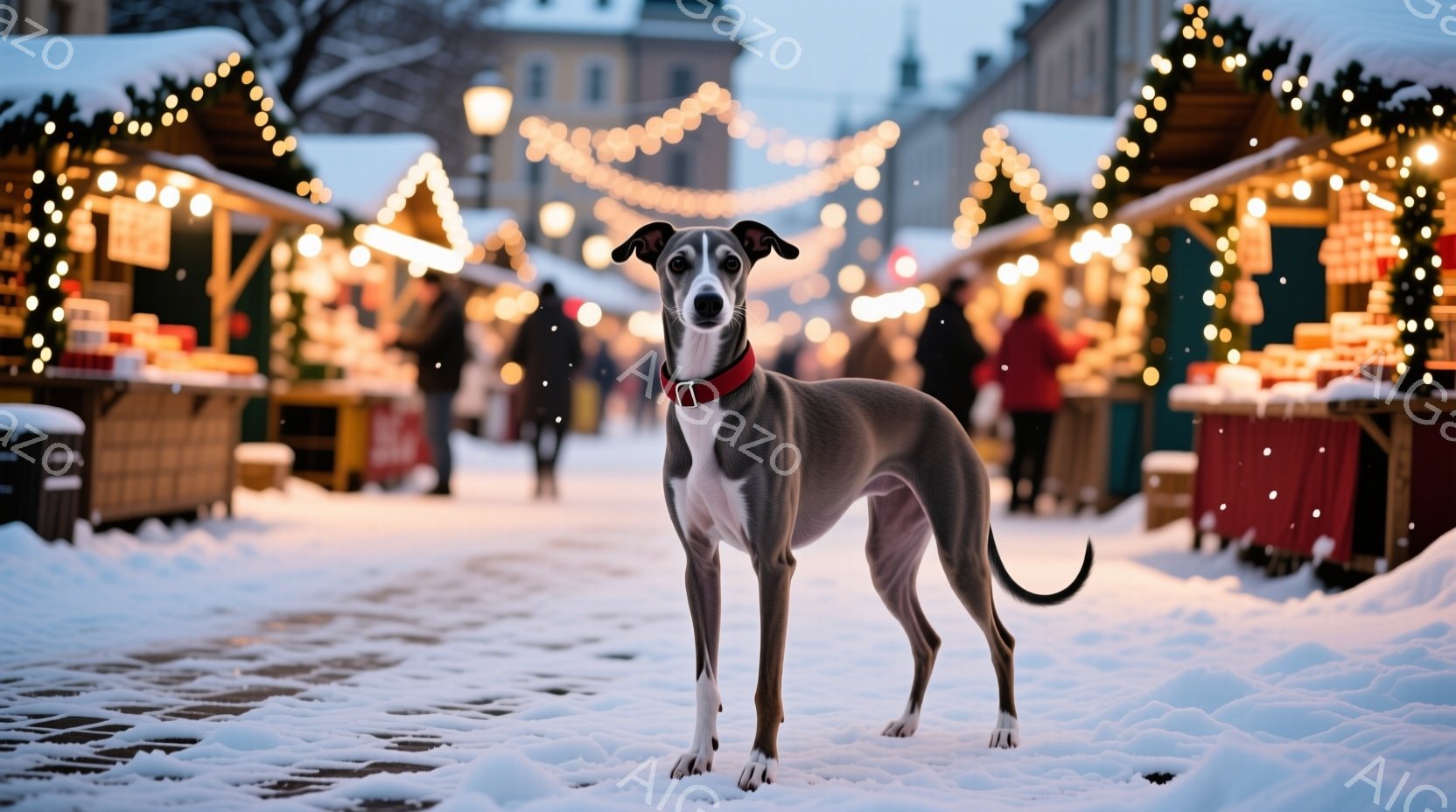一匹の小さなボクサー犬が、赤いリボンで結ばれた白いギフトボックスの中に座っています。犬は前を見据え、少し驚いたような、または好奇心旺盛な表情をしています。背景にはぼやけたクリスマスツリーとキラキラ光る - AI生成フリー素材