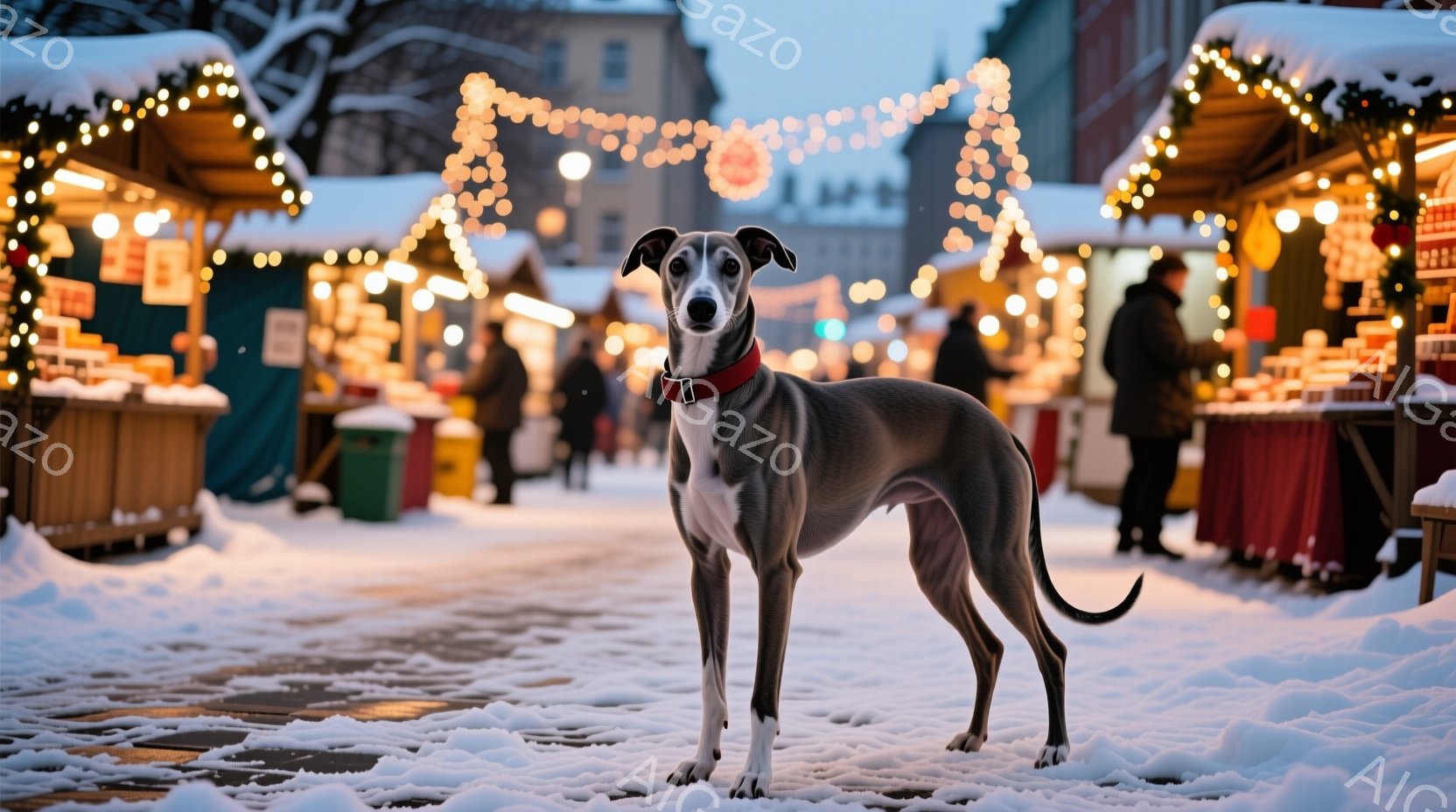 白とグレーの毛並みを持つ優雅なイタリアン・グレーハウンドが雪に覆われた通りに立っている。背景にはクリスマスマーケットのような賑やかな光景が広がり、人々が動き回り、カラフルな屋台が並んでいる。雪が降り積 - AI生成フリー素材