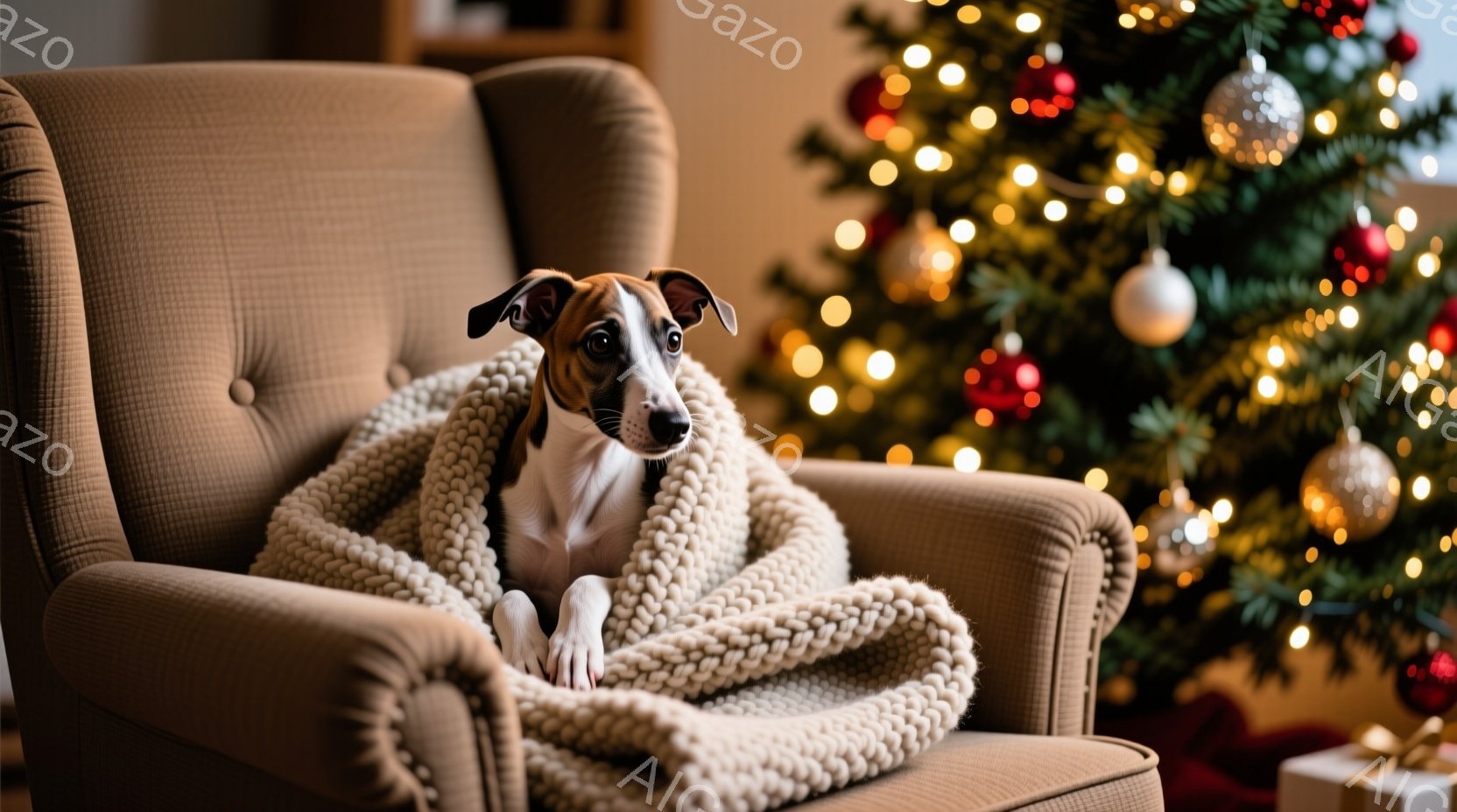 居心地の良いアームチェアに包まれた、白と茶色の毛並みの犬が写っています。犬はリラックスした表情で、毛布に体を包み、静かにこちらを見ています。背景には、キラキラと輝くクリスマスツリーとプレゼントが置かれており、温かく穏やかなクリスマスの雰囲気が漂っています。