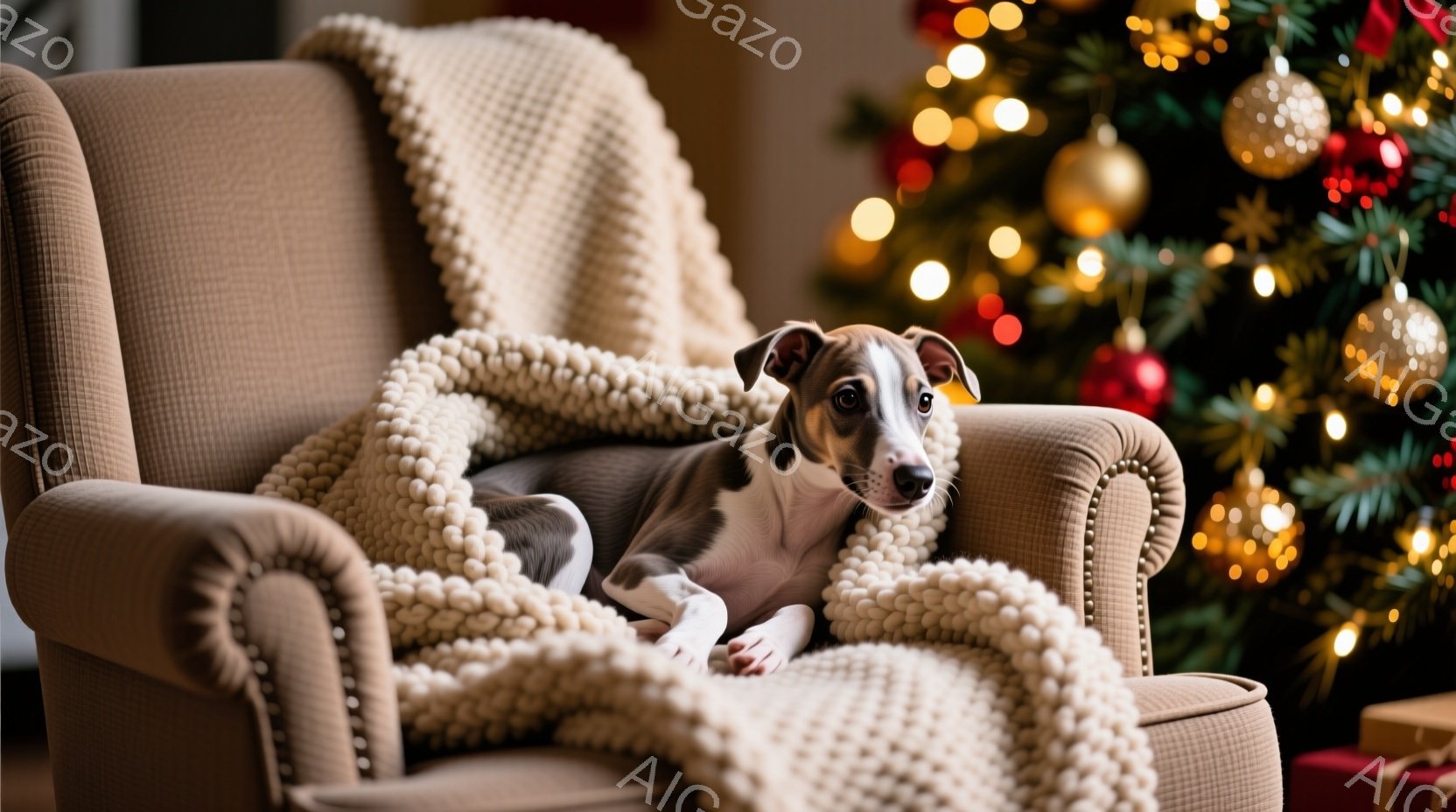 白と灰色の毛並みの小さな犬が、明るい茶色の肘掛け椅子の座席に丸まって座っています。犬はリラックスした様子で、温かそうな編み物のブランケットに身を包んでいます。背景には、キラキラと輝くオーナメントで飾ら - AI生成フリー素材