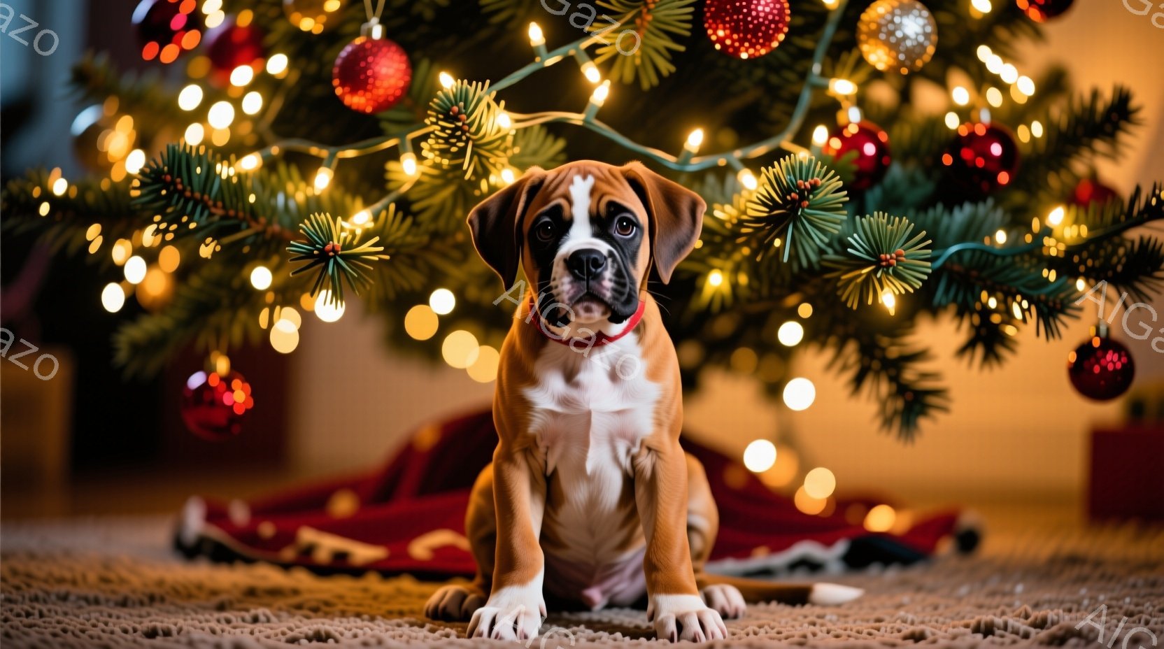 茶色と白のパッチが特徴的な子犬が、赤いクリスマスツリーの足元に座っています。子犬は前足を揃えてまっすぐ座り、少し上目遣いでカメラを見つめており、可愛らしい表情をしています。背景にはぼやけたクリスマスツ - AI生成フリー素材