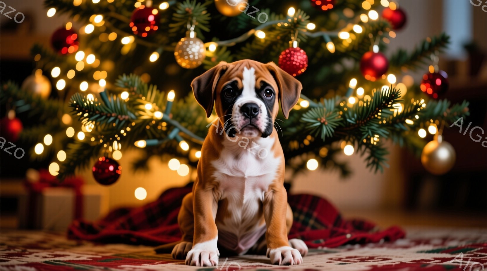 元気な子犬が赤いチェック柄の布の上に座っており、背景にはクリスマスツリーがぼやけて写っています。子犬は茶色と白の毛並みで、前足を少し伸ばし、カメラに向かってまっすぐ見つめており、少し憂いを帯びた表情を - AI生成フリー素材