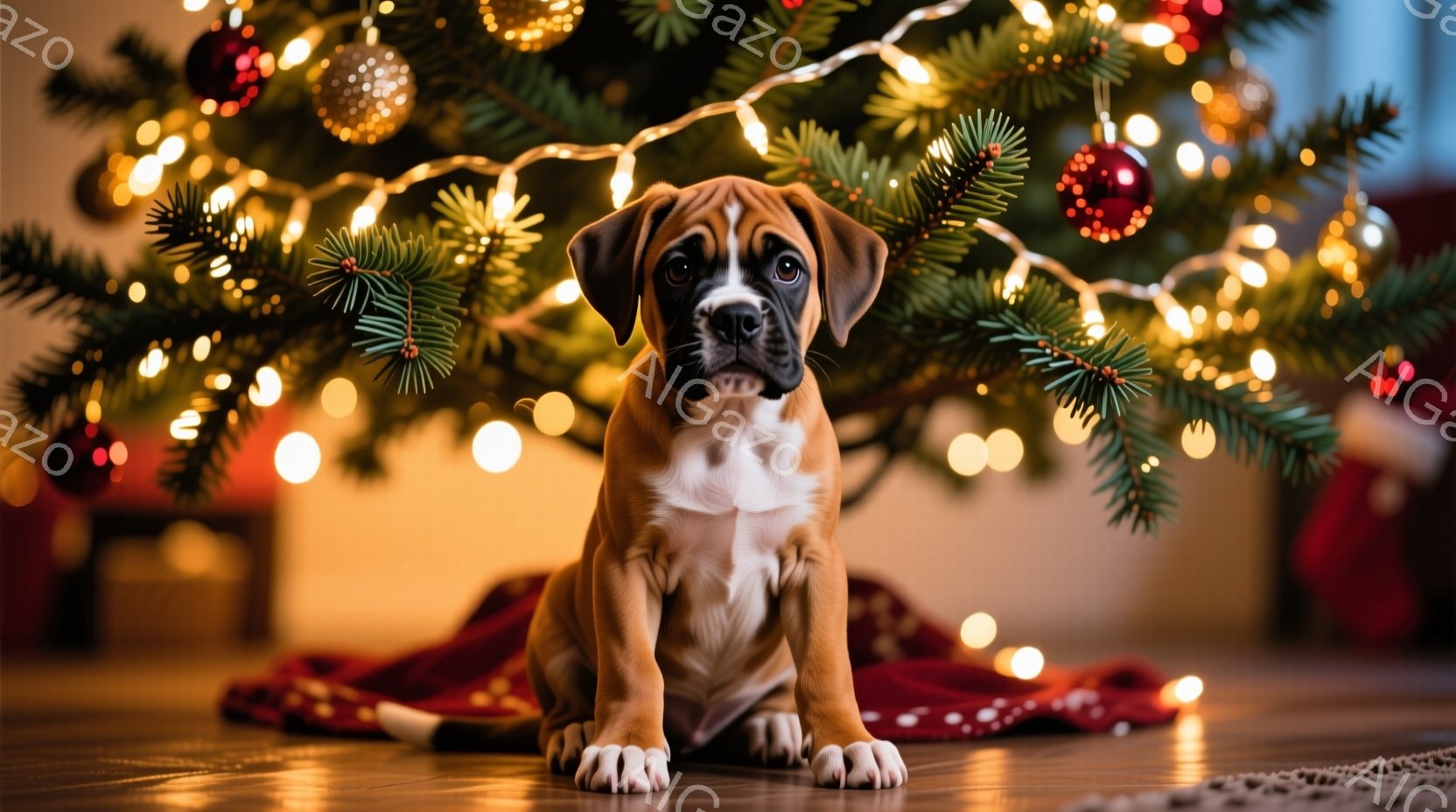 クリスマスツリーの前に座っている子犬が写っています。茶色と白の毛並みで、大きな茶色の目とつぶらな鼻が特徴的で、少し不安そうな表情をしています。背景には、暖かい光を放つクリスマスツリーの飾りと、赤い布が - AI生成フリー素材