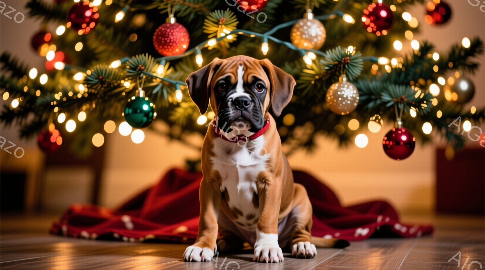 暖炉の前に敷かれた赤い布の上で、子犬が正面を向いて座っています。明るい茶色と白の毛並みで、首輪を付けており、真剣で少し困ったような表情をしています。背景には、明るい電飾で飾られたクリスマスツリーがぼや - AI生成フリー素材