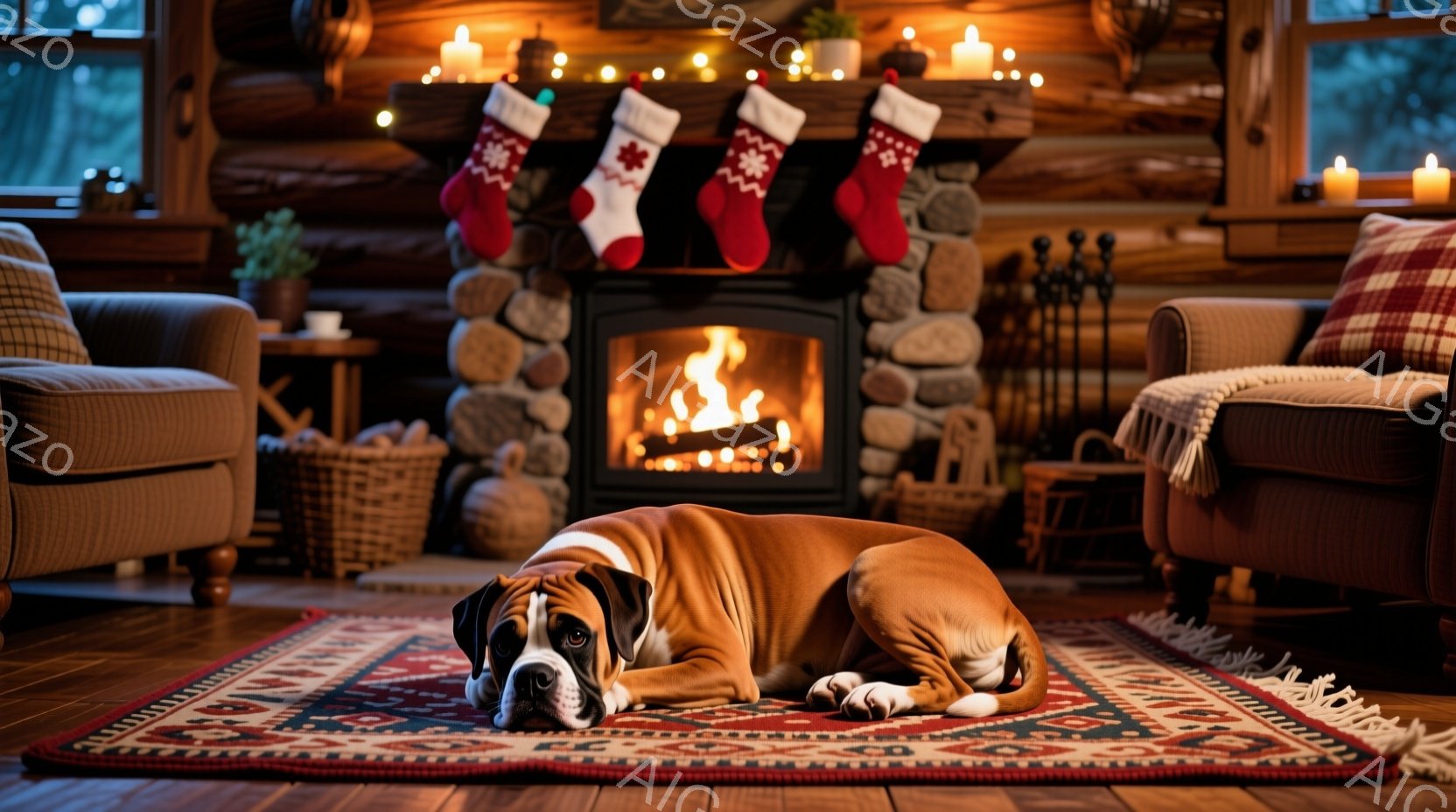 暖炉の前で、茶色の犬が敷物の上で横たわっています。背景には、クリスマス柄の靴下が飾られた石造りの暖炉、籐のバスケット、そして木製の家具が見えます。全体的に暖かく、居心地の良い、クリスマスの雰囲気が漂う - AI生成フリー素材
