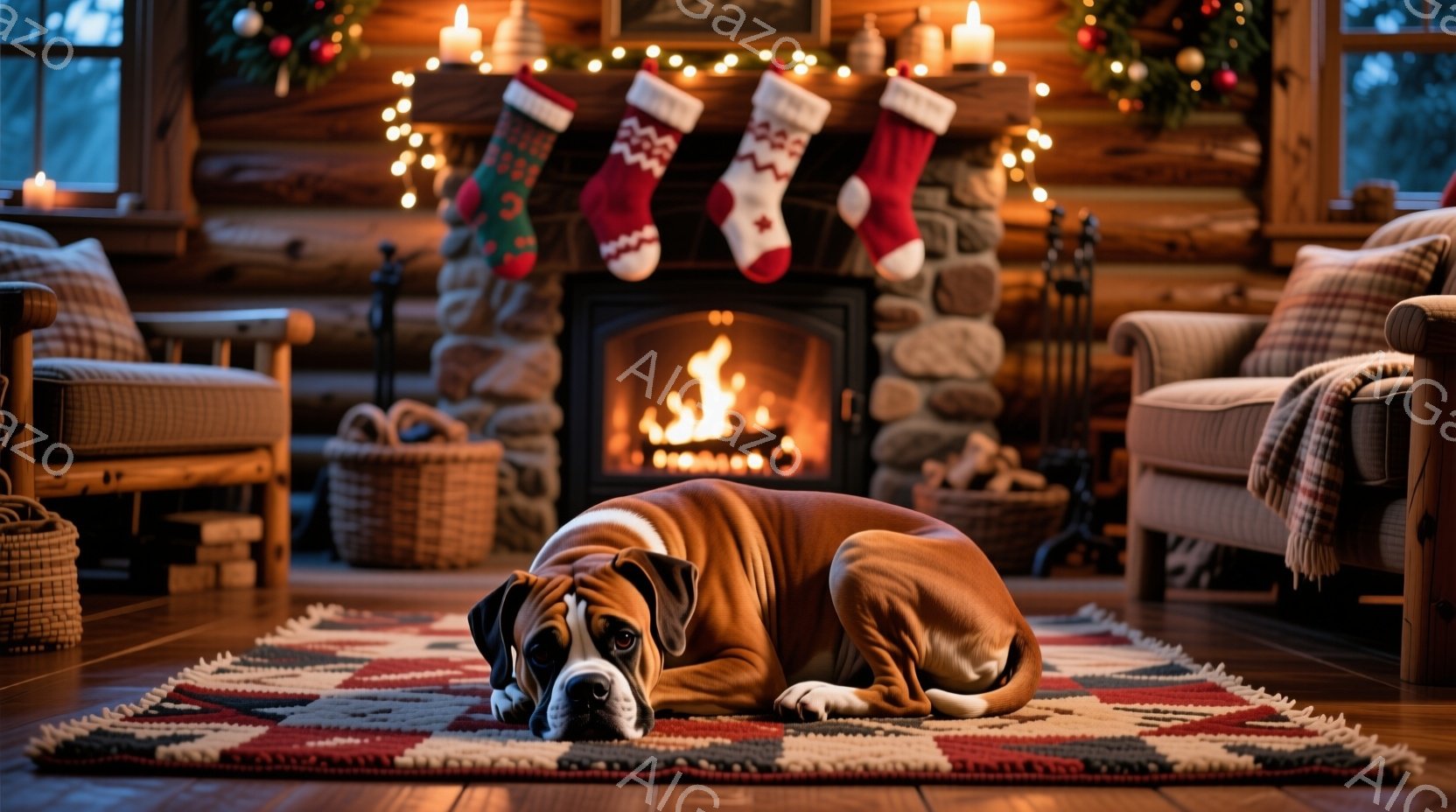 暖炉の前で茶色のボクサー犬がカーペットの上に横たわっています。暖炉は燃え盛っており、クリスマスソックスが暖炉の上に飾られています。室内は温かく居心地の良い雰囲気で、クリスマスツリーの飾りや籐製のバスケットが見えます。