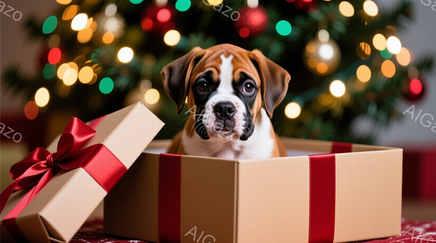 箱の中に小さなボクサー犬が可愛らしく座っています。犬は茶色と白の毛並みで、大きな茶色の瞳はカメラを見つめています。背景にはぼやけたクリスマスツリーの光があり、赤色のリボンで飾られたギフトボックスが暖か - AI生成フリー素材
