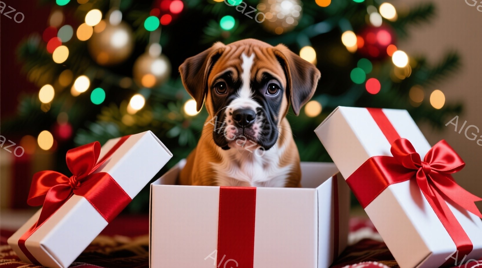小さなボクサー犬の子犬が、赤いリボンで結ばれた白いギフトボックスの中に座っています。背景には、ぼやけたクリスマスツリーの光が輝き、暖かくお祝いムードを醸し出しています。子犬は前方をまっすぐ見つめ、好奇 - AI生成フリー素材
