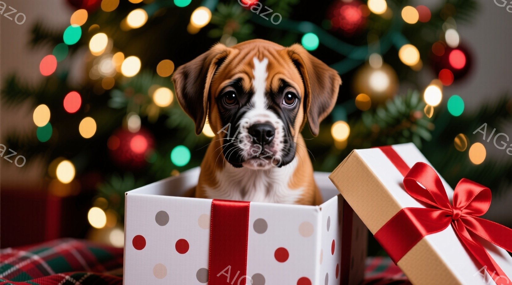 可愛らしいボックス犬の子犬が、水玉模様の白いギフトボックスに座っています。背景には、ぼやけたクリスマスツリーの光が輝き、温かくお祝いムードを演出しています。プレゼントのリボンと箱が、さらに季節感を高め - AI生成フリー素材