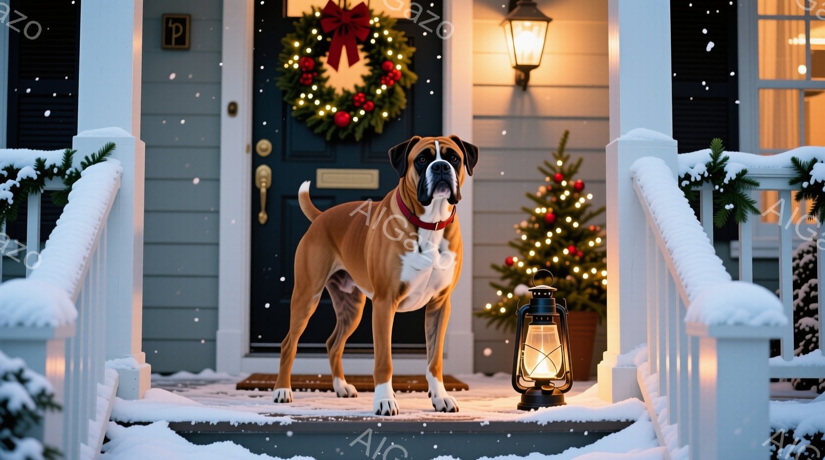 雪が降る家のポーチに、茶色のボクサー犬が立っている。クリスマスリースが飾られた玄関ドアと、小さなクリスマスツリー、そして灯りが灯ったランタンが暖かな雰囲気を醸し出している。犬は赤い首輪をつけ、少し緊張 - AI生成フリー素材
