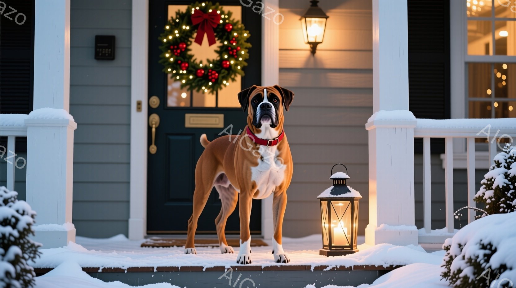 雪が積もった家の玄関先に、茶色のボクサー犬が立っている。赤い首輪をつけており、少し正面を見つめ、凛とした表情をしている。背景にはクリスマスリースが飾られた玄関ドア、雪で覆われた手すり、そして温かい光を - AI生成フリー素材