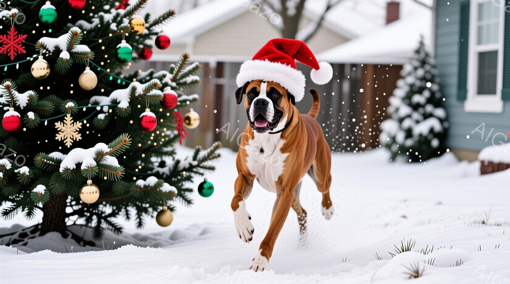 雪景色の中に、クリスマスハットを被ったボクサー犬が走り抜けています。背景には、装飾されたクリスマスツリーと雪に覆われた家々が見え、冬の暖かく楽しい雰囲気を醸し出しています。犬は嬉しそうに口を開け、活発 - AI生成フリー素材