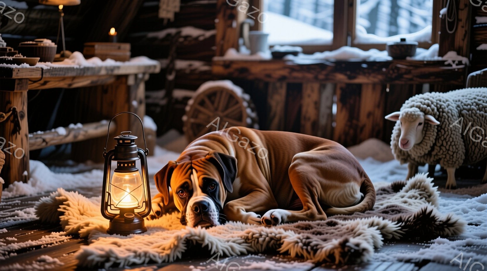 毛皮の敷物の上に横たわる、茶色のマスティフ犬が写っている。背景には、雪景色が見える窓と、木製の壁、車輪などが配置されており、暖炉のようなオレンジ色の光が室内を照らしている。全体的に、暖かく、静かで、冬 - AI生成フリー素材