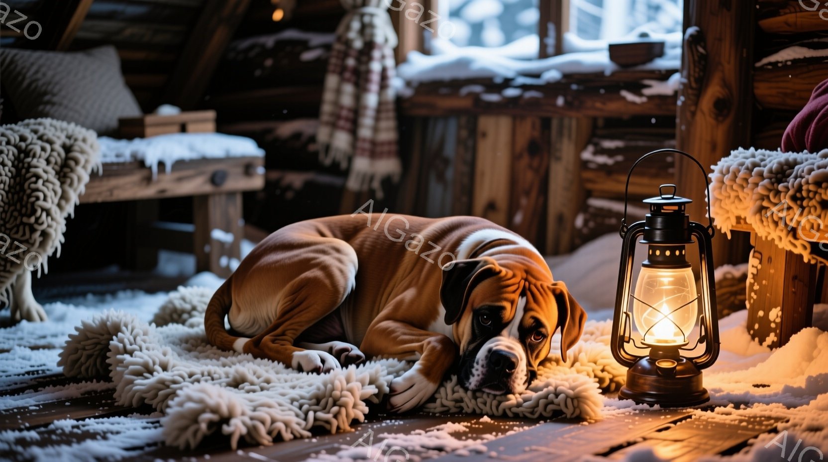 茶色いボクサー犬が、白いふわふわのラグの上に横たわっています。背景には木製の家具と、雪が降る窓が見え、オイルランプが犬の横で暖かく光っています。全体的に、暖かく、静かで、冬の雰囲気を感じさせる写真です。