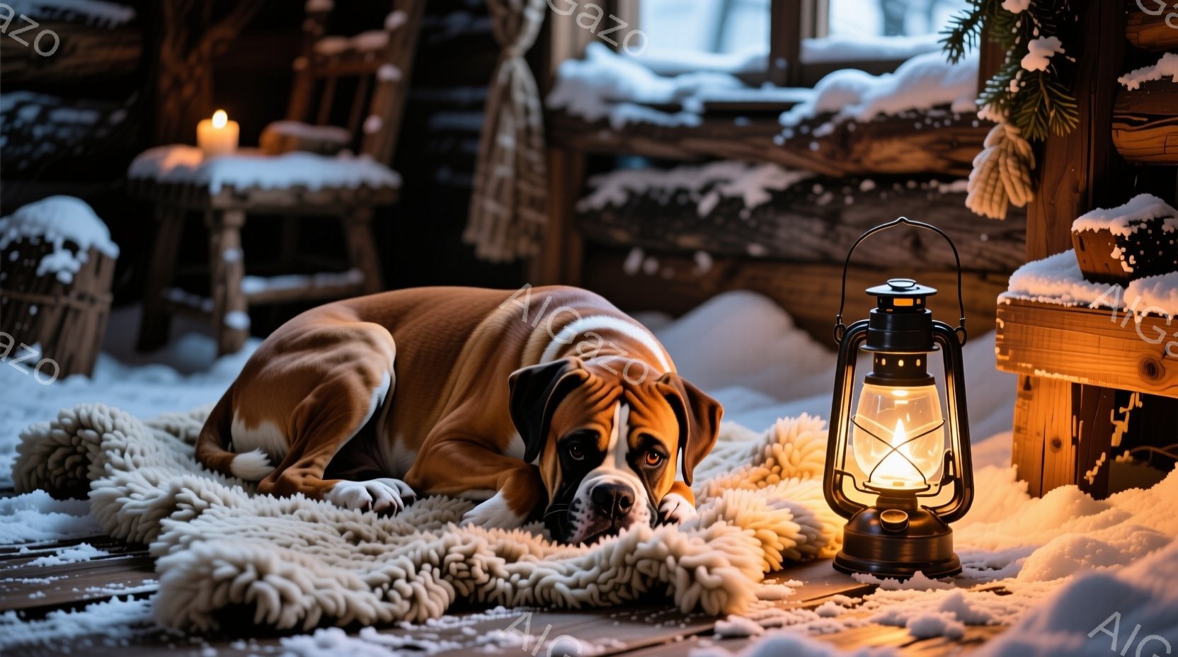 暖炉のある部屋で、茶色の犬が白い毛布の上に横たわっています。雪が降り積もり、窓の外は雪景色で、温かく居心地の良い雰囲気が漂っています。ランタンとキャンドルの光が犬を照らし、冬の静寂と安らぎを表現しています。