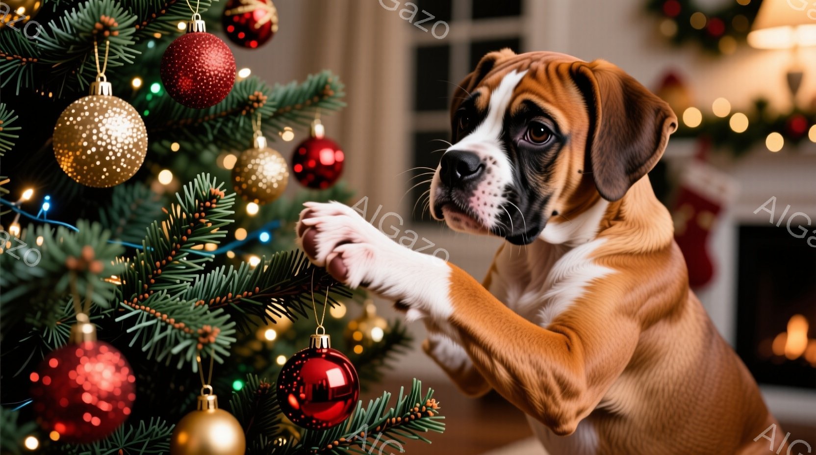 窓辺に座ったボックス犬が、雪景色を眺めています。窓枠には霜が降りており、背景にはぼやけたクリスマスツリーの光が灯っています。犬は茶色の毛並みで、赤い首輪を付けており、静かで穏やかな雰囲気を醸し出しています。