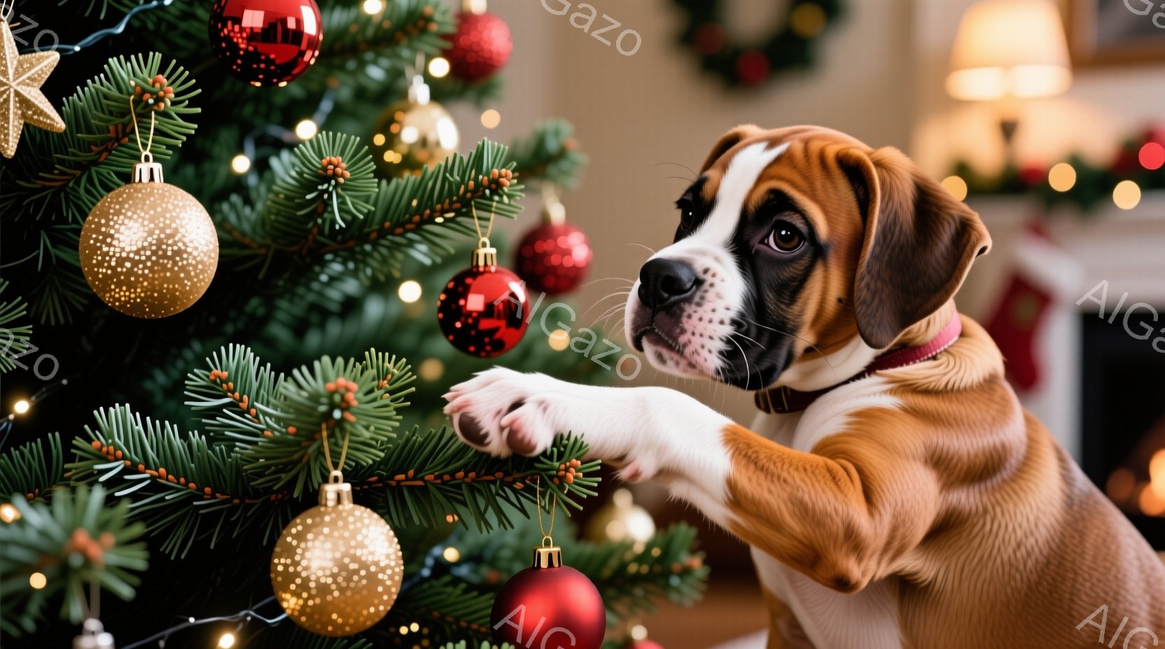 暖炉のそばに飾られたクリスマスツリーの前に、明るい色のボクサーの子犬がいます。子犬は首輪をつけ、前足でツリーの枝にそっと触れようとしており、好奇心と遊び心に満ちた表情をしています。背景には赤いオーナメ - AI生成フリー素材